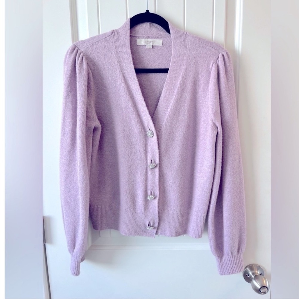 Loft Lilac Purple Puff Sleeve Rhinestone Button V-Neck Cardigan Sweater Small